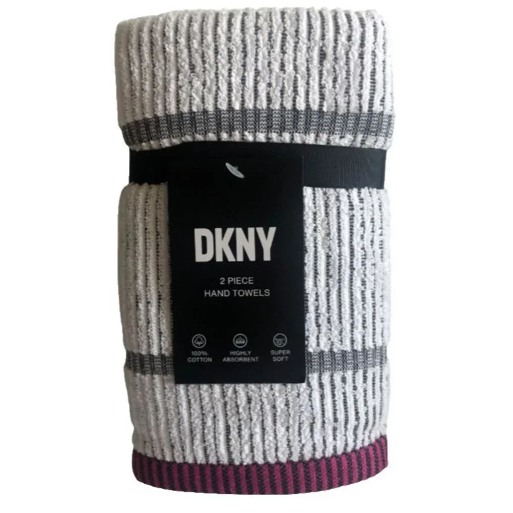 DKNY Hand Towels Stripe Bathroom White Black Pink Absorbent 100% Cotton Set of 2